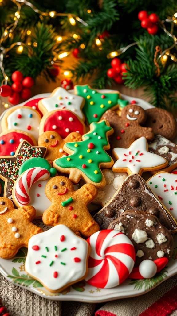 A variety of decorated Christmas cookies on a platter, including gingerbread, sugar cookies, and chocolate chip cookies, surrounded by festive decorations.